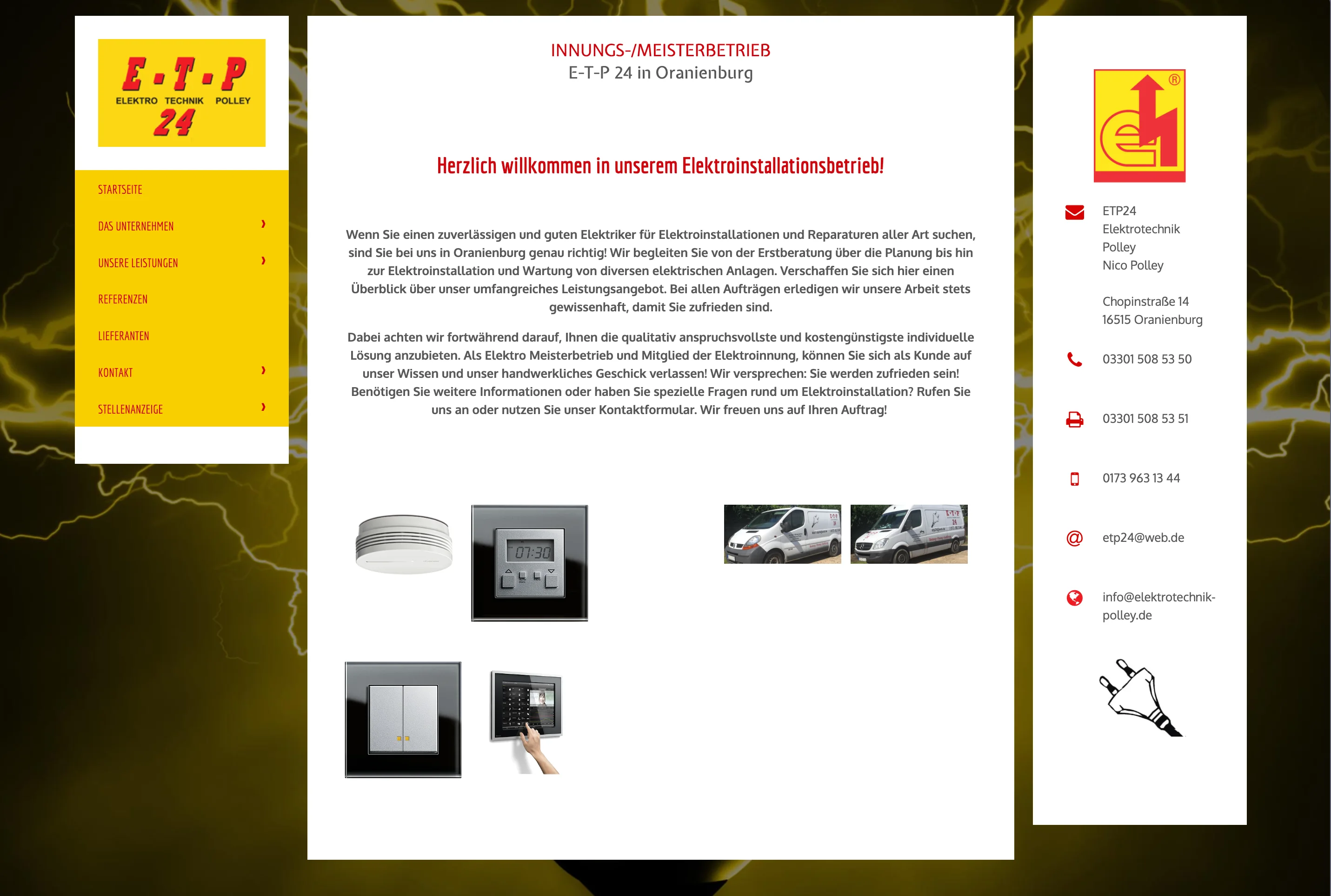Bisherige ETP24-Website mit Blitzhintergrund, seitlicher Navigation und langen Textblöcken